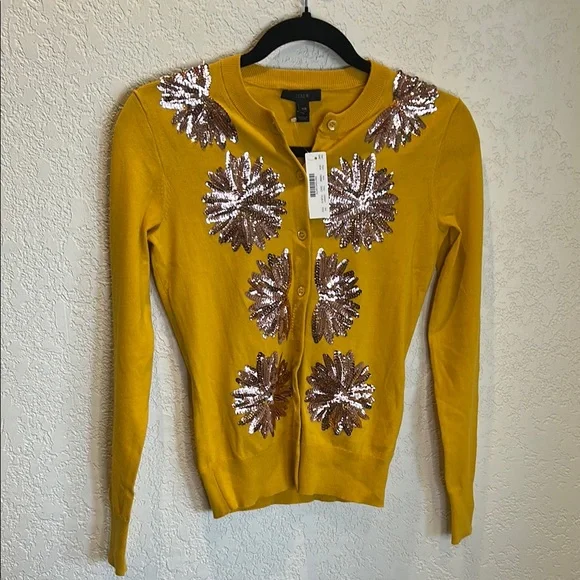 Crew Sweaters J Crew Yellow Sequin Floral Cardigan Poshmark